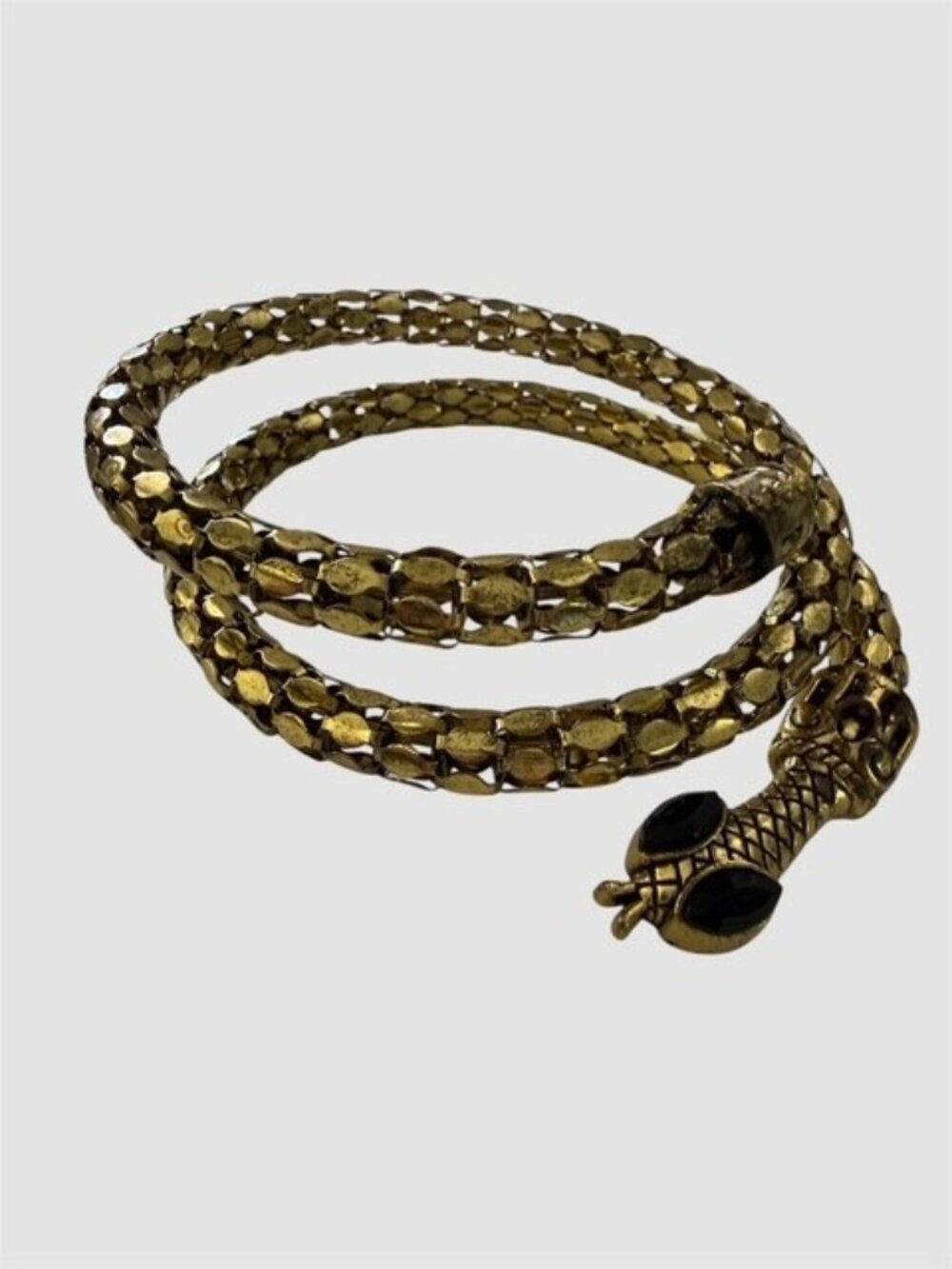 Vtg Rattle Snake Wrap Mesh Coil Bangle Gold tone Marquise Black Eyes Bracelet